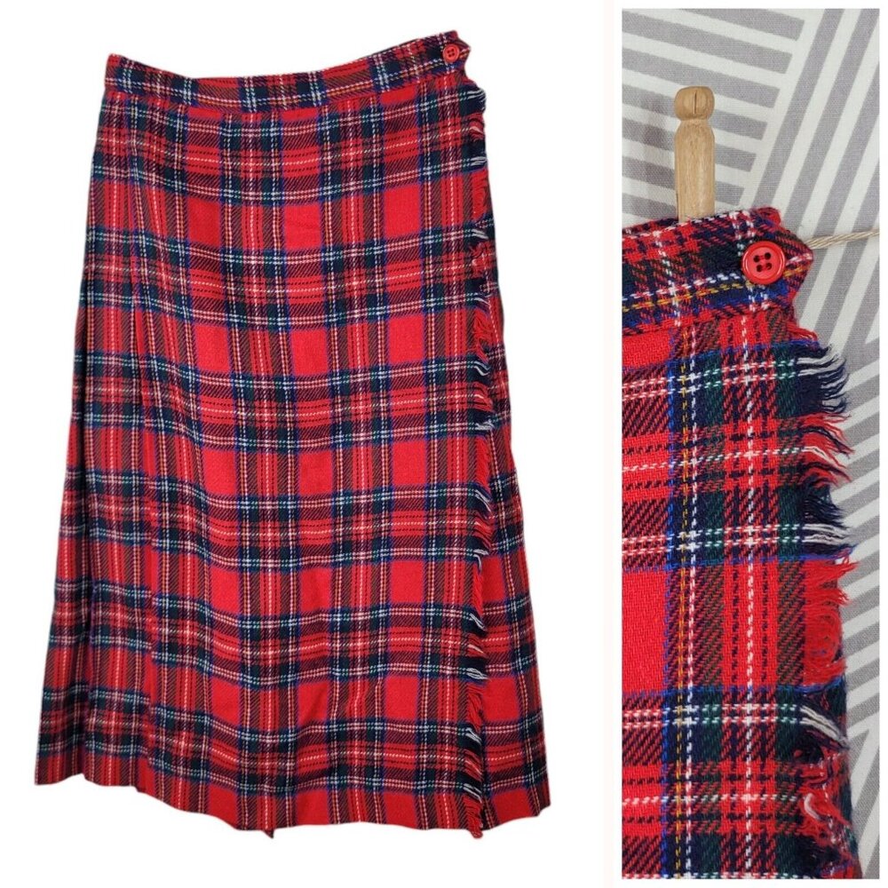 Vintage Pleated Tartan Plaid Wrap Skirt Size 6/8 26" Fringe Midi Long Red Long